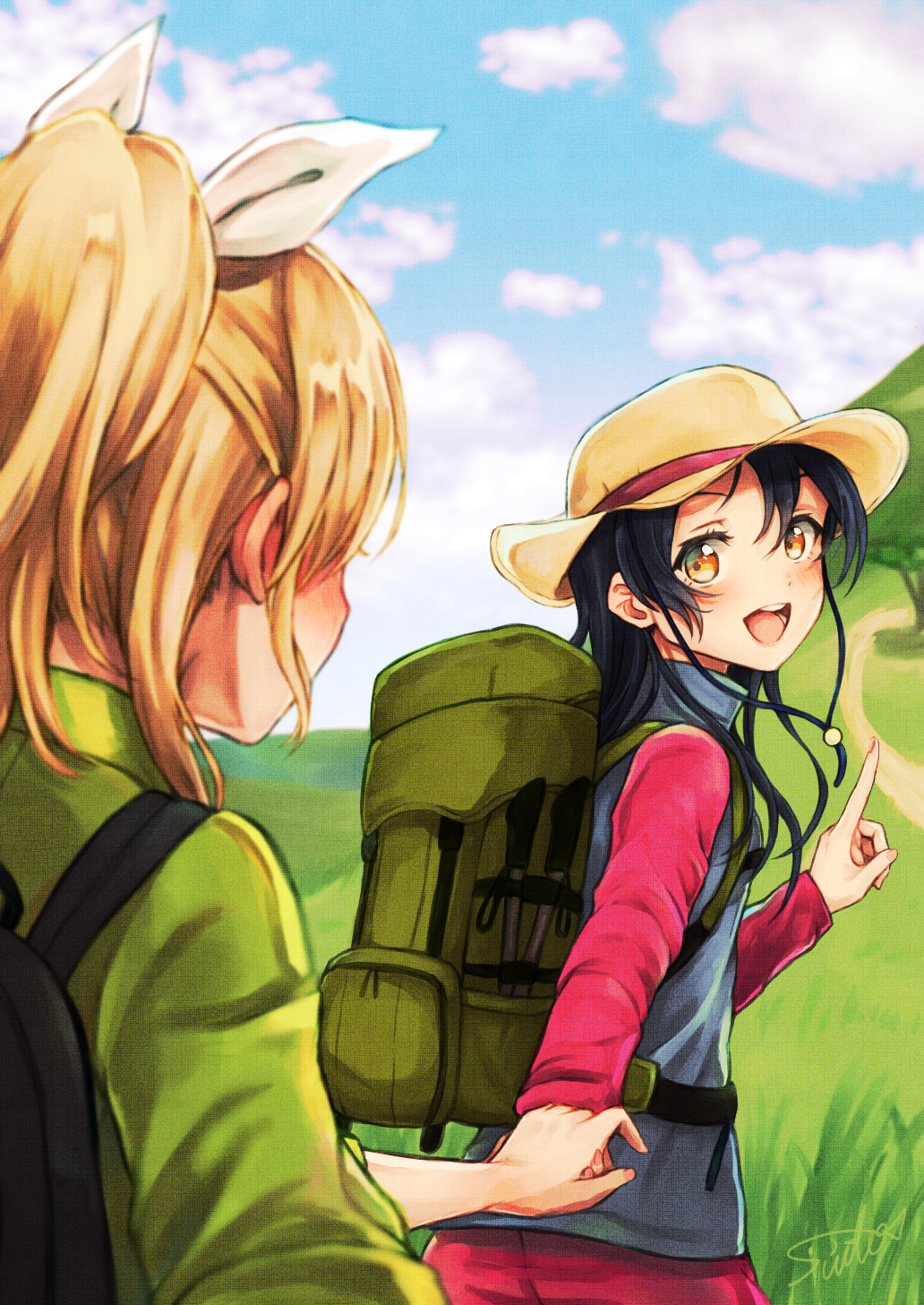 2girls :d ayase_eli backpack bag bangs blonde_hair blue_hair blush bow clouds cloudy_sky commentary_request hair_bow hand_holding hat highres hiking lilylion26 long_hair long_sleeves looking_at_another looking_back love_live! love_live!_school_idol_project multiple_girls nail_polish open_mouth pink_nails ponytail signature sky smile sonoda_umi yellow_eyes