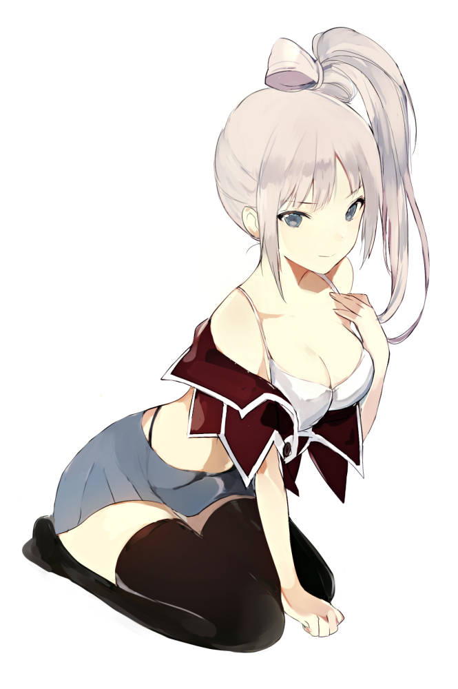 1girl asymmetrical_hair black_legwear blue_eyes blue_skirt blush bra breasts buttons cleavage closed_mouth full_body hand_on_own_chest leaning_forward legs_together long_hair looking_at_viewer lp_(hamasa00) lpip medium_breasts no_shoes off_shoulder open_clothes open_vest original red_vest seiza side_ponytail simple_background sitting skirt smile solo thigh-highs topknoe topknot unbuttoned underwear vest white_background white_bra zettai_ryouiki