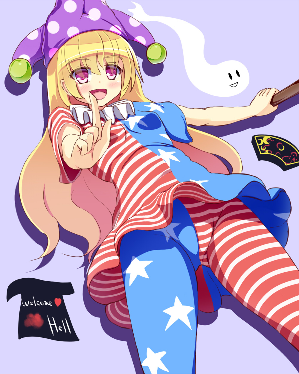 1girl american_flag_legwear american_flag_shirt black_hat blush breasts clothes_writing clownpiece crescent eyebrows eyebrows_visible_through_hair from_below ghost hair_between_eyes hat hat_removed headwear_removed highres holding horizontal_stripes index_finger_raised jester_cap lavender_background liya long_hair pantyhose pink_eyes pink_hat polka_dot shirt_removed short_sleeves simple_background small_breasts standing star star_print striped torch touhou very_long_hair
