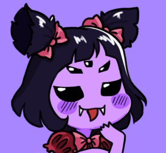 1girl black_eyes black_hair blush blush_stickers bow chibi extra_eyes fangs gyate_gyate hair_bow hand_to_own_mouth insect_girl lowered_eyelids lowres monster monster_girl muffet puffy_sleeves purple_background purple_skin short_twintails simple_background smile solo spider_girl tongue tongue_out twintails undertale upper_body yaruky