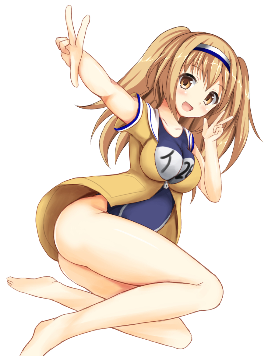 1girl :d barefoot breasts clothes_writing collarbone double_v hairband i-26_(kantai_collection) kantai_collection large_breasts light_brown_eyes light_brown_hair long_hair looking_at_viewer name_tag new_school_swimsuit open_mouth sailor_collar school_swimsuit short_sleeves sitting smile solo swimsuit swimsuit_under_clothes two_side_up v wenetora