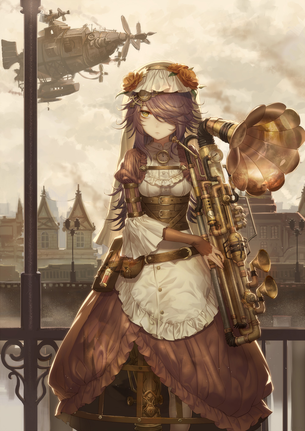 1girl airship cityscape corset curly_hair dress expressionless flower hair_flower hair_ornament hair_over_one_eye highres instrument juliet_sleeves kikugetsu long_hair long_sleeves original propeller prosthesis prosthetic_leg puffy_sleeves purple_hair solo standing steampunk trombone underbust veil yellow_eyes