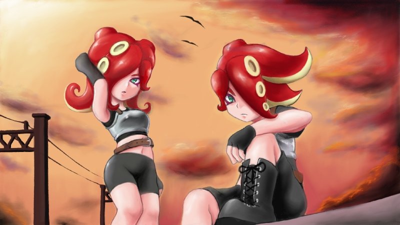 1boy 1girl arm_behind_head arm_support arm_up armor belt bike_shorts bird black_gloves boots breastplate clouds cross-laced_footwear fingerless_gloves gloves green_eyes hair_over_one_eye hand_on_own_knee midriff navel octarian open_mouth power_lines redhead ringed_eyes sitting splatoon sunset takobe takozonesu tentacle_hair what_if