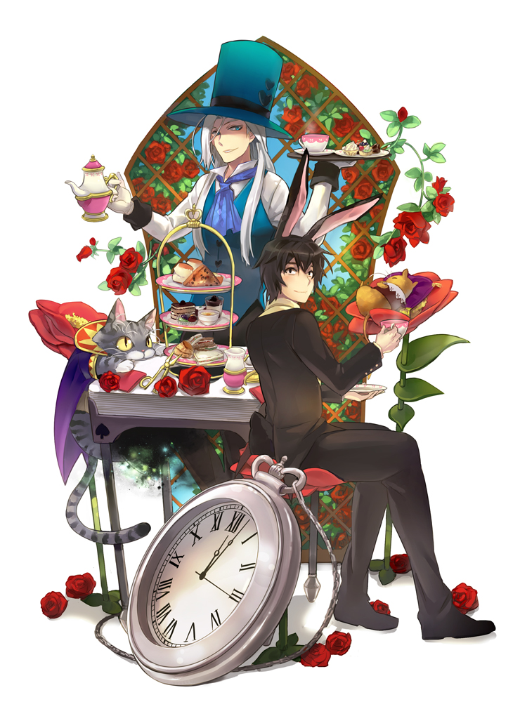 2boys alice_in_wonderland animal_ears black_hair blue_eyes cat cheshire_cat cup dessert dormouse flower food formal gl_ztoh gloves hat mad_hatter male_focus march_hare multiple_boys personification pocket_watch rabbit_ears scissors suit table teacup teapot tiramisu tray vest watch white_gloves white_hair