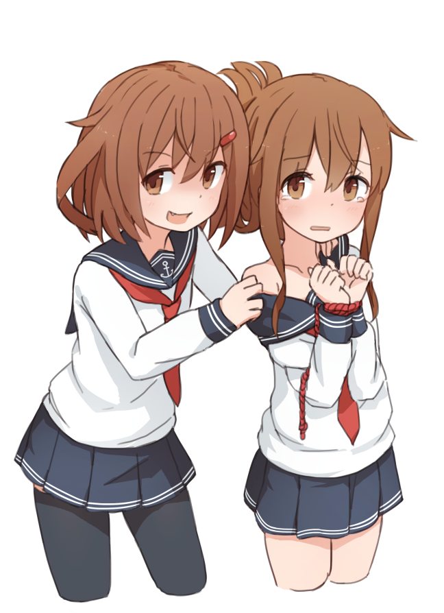 2girls bare_shoulders blush bound bound_wrists brown_eyes brown_hair coupon_(skyth) fang hair_ornament hairclip ikazuchi_(kantai_collection) inazuma_(kantai_collection) kantai_collection multiple_girls open_mouth rope shirt_pull skirt tears thigh-highs