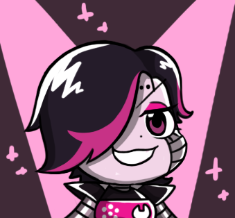 &gt;:3 &gt;:d 1boy :3 :d android black_hair brown_eyes chibi eyelashes eyeshadow fang grey_skin grin gyate_gyate hair_over_one_eye looking_at_viewer lowres makeup male_focus mettaton mettaton-ex mettaton_ex multicolored_hair open_mouth pink_background robot smile solo sparkle spoilers spotlight two-tone_hair undertale upper_body yaruky