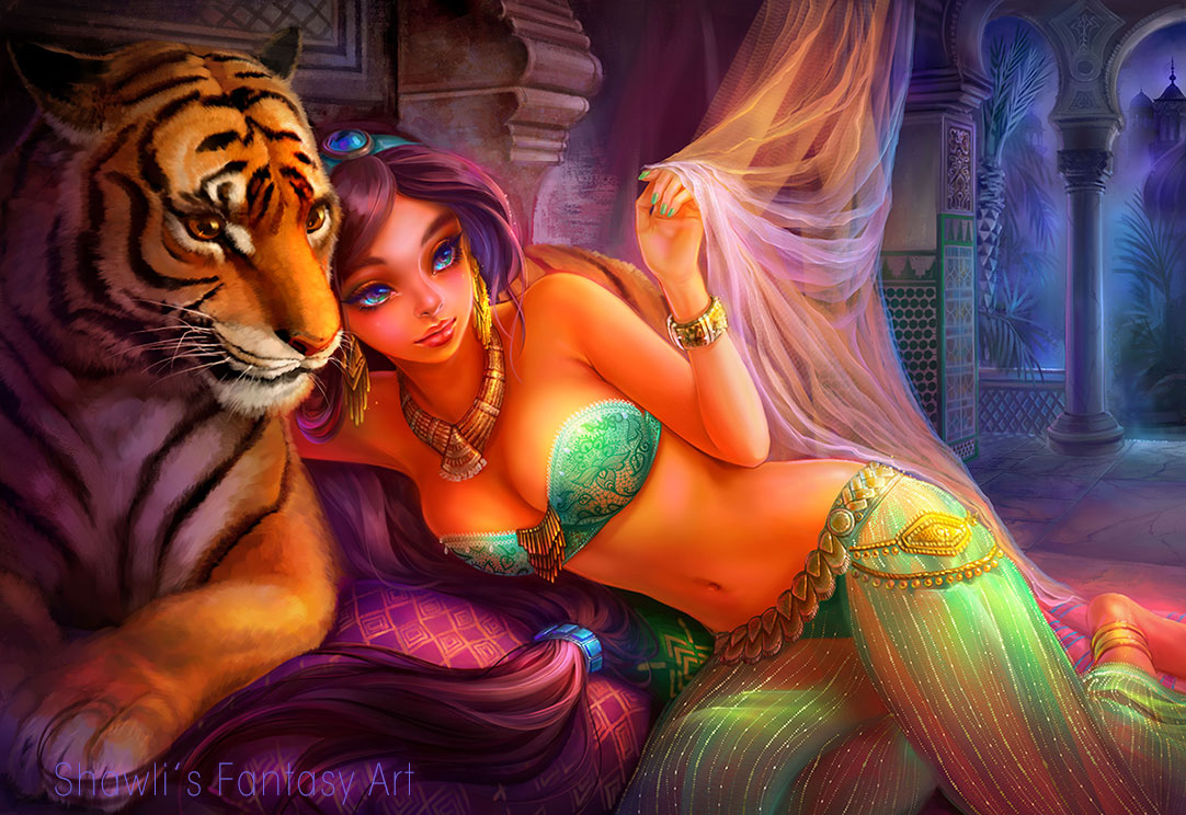 1girl aladdin_(disney) anklet arabian_clothes barefoot bikini_top blue_eyes bracelet dark_skin fantasy harem_outfit harem_pants jasmine_(disney) jewelry midriff navel pants purple_hair rajah_(disney) shawli tiger