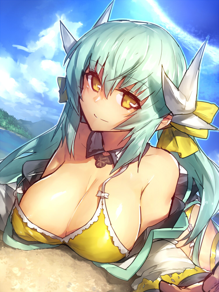 1girl alternate_hairstyle aqua_hair bare_shoulders bikini bikini_under_clothes breasts cleavage commentary_request detached_collar fate/grand_order fate_(series) foreshortening hair_ribbon horns kiyohime_(fate/grand_order) kiyohime_(swimsuit_lancer)_(fate) large_breasts long_hair long_sleeves looking_at_viewer low_twintails melon22 off_shoulder ribbon smile solo strap_slip swimsuit twintails yellow_eyes yellow_ribbon