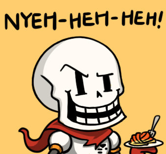 1boy armor chibi cocked_eyebrow english food fork gloves grin gyate_gyate laughing lowres male_focus papyrus_(undertale) pasta plate scarf simple_background skeleton smile solo spaghetti undertale upper_body yaruky yellow_background