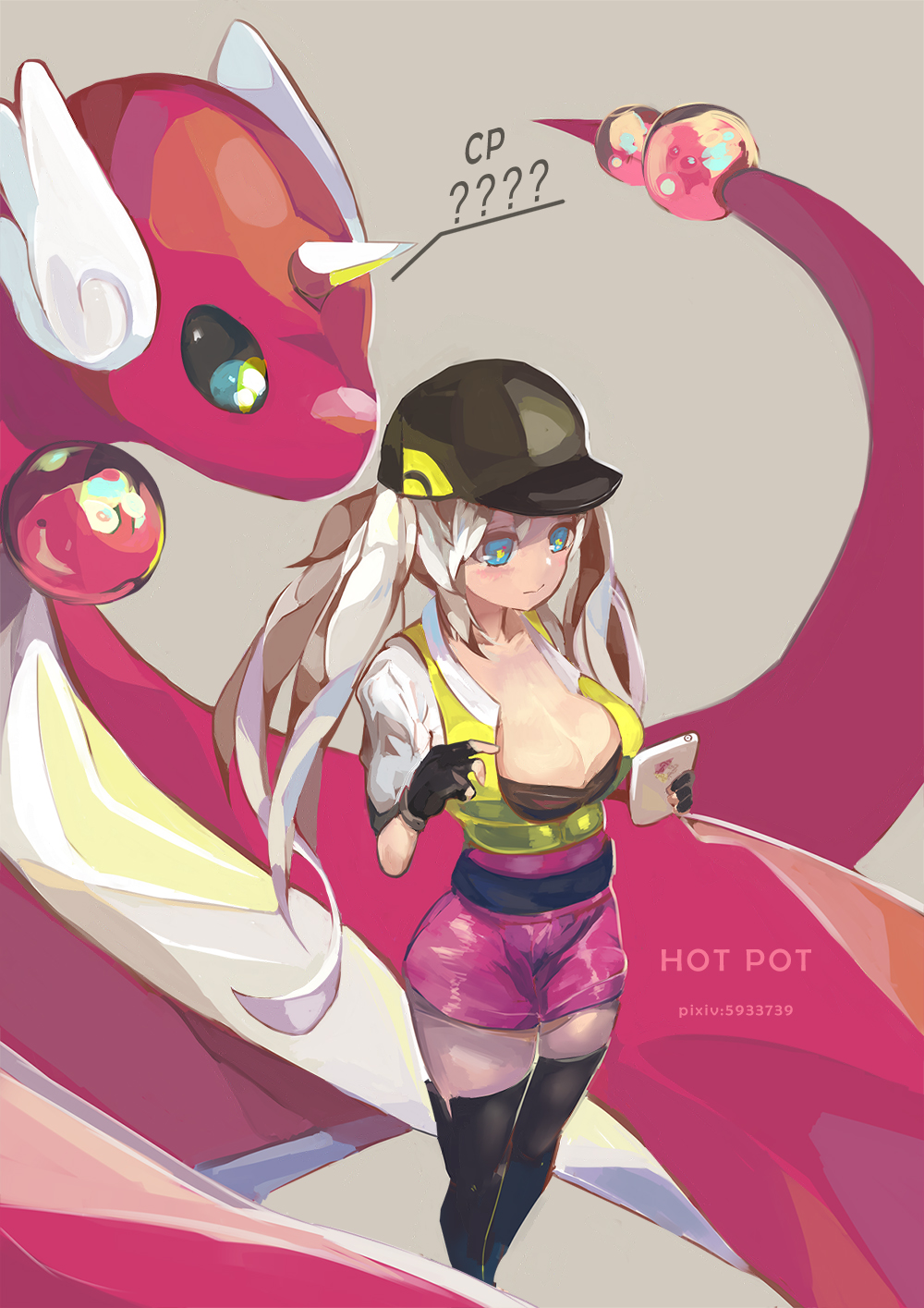 10s 1girl baseball_cap belt black_gloves black_hat black_legwear breasts cellphone cleavage closed_mouth dragonair female_protagonist_(pokemon_go) fingerless_gloves gloves hat highres holding holding_phone large_breasts long_hair mabinogi nao_(mabinogi) phone pokemon pokemon_(creature) pokemon_go quchi_huoguoba shiny shorts smartphone solo thigh-highs twintails white_hair