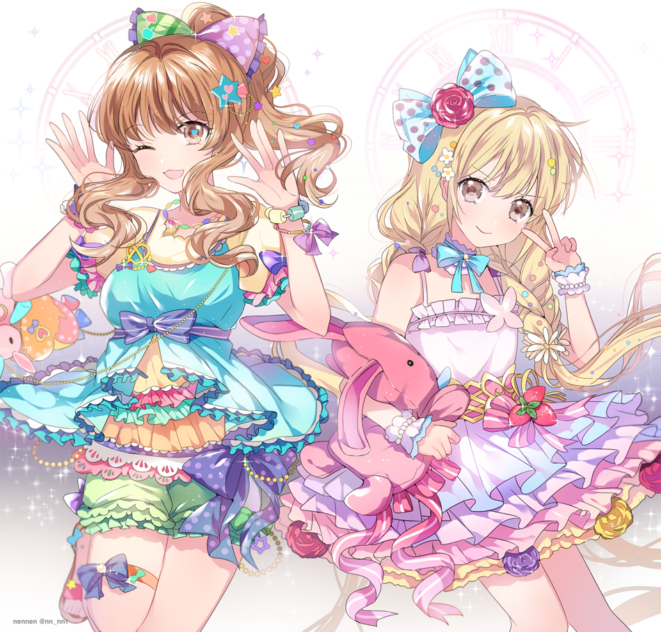 2girls :3 blonde_hair blush breasts brown_eyes brown_hair dress futaba_anzu hair_ornament idolmaster idolmaster_cinderella_girls idolmaster_cinderella_girls_starlight_stage long_hair moroboshi_kirari multiple_girls n_n_(vbdpsep) one_eye_closed open_mouth star star_hair_ornament stuffed_animal stuffed_bunny stuffed_toy twintails