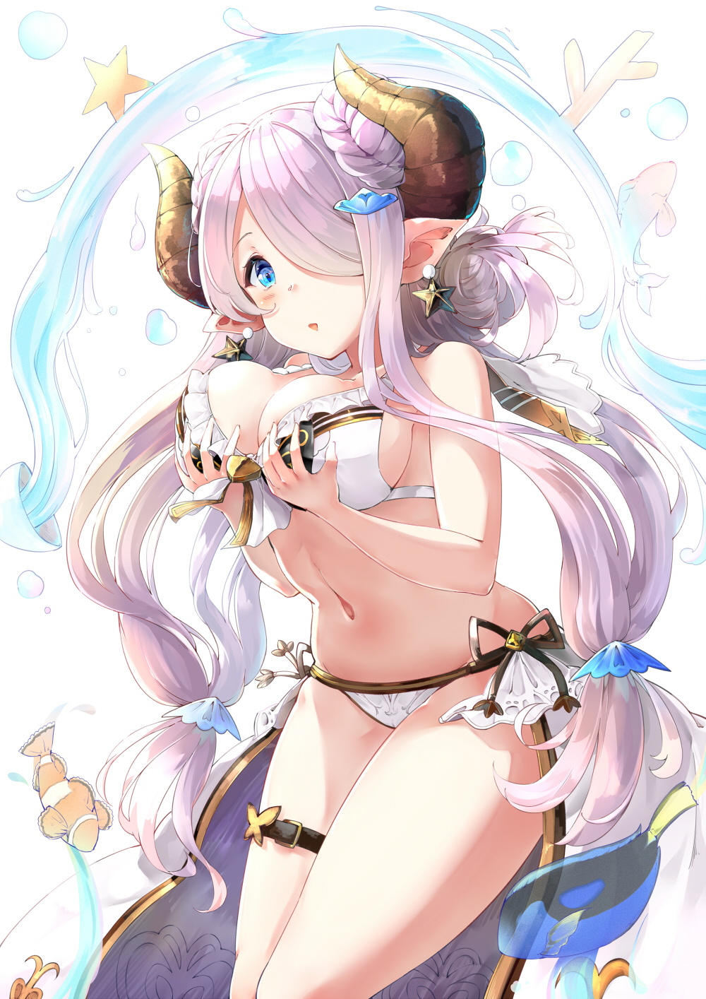 1girl alternate_costume alternate_hairstyle bikini blue_eyes breast_grab breasts butterfly cleavage demon_horns doraf double_bun grabbing granblue_fantasy hair_ornament hair_over_one_eye highres horns large_breasts lavender_hair leg_belt long_hair looking_at_viewer low_twintails midriff narumeia_(granblue_fantasy) navel open_mouth pointy_ears side-tie_bikini sideboob solo somalisu swimsuit thigh_strap thighs twintails white_bikini