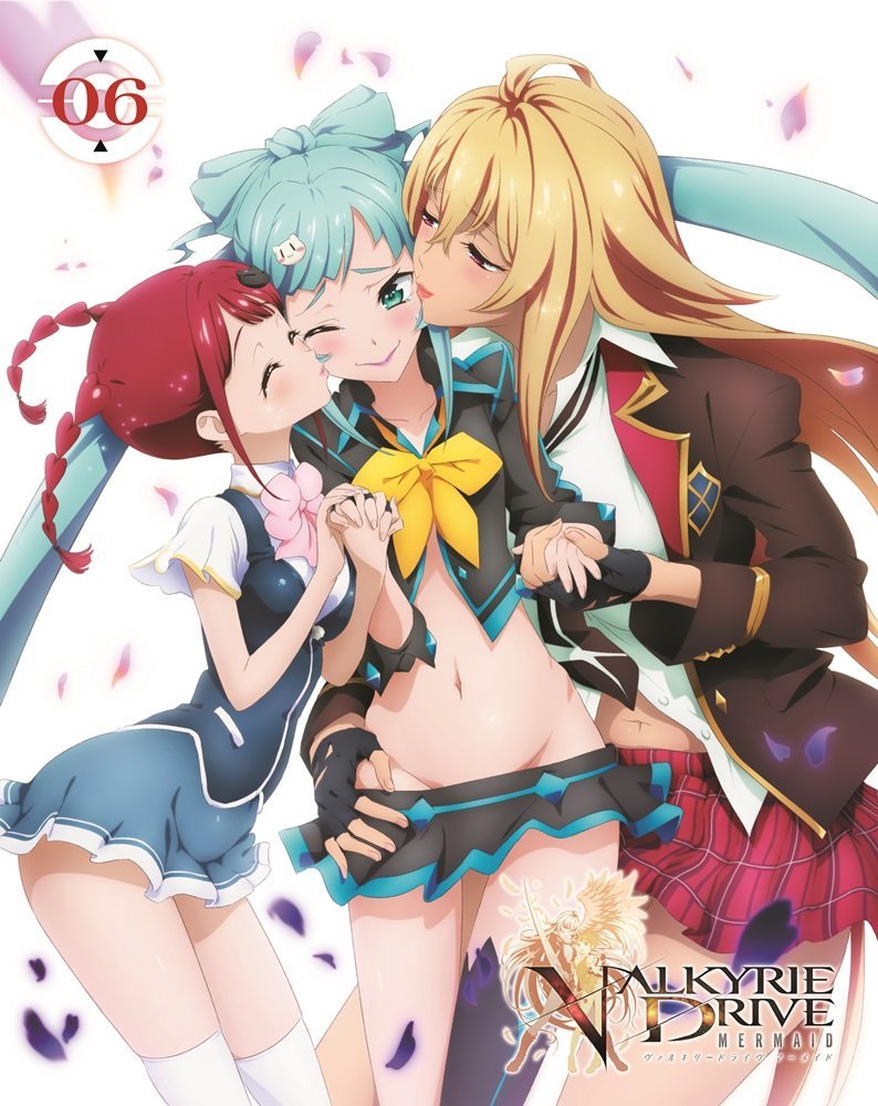 3girls blonde_hair blue_hair cheek_kiss girl_sandwich kiss microskirt midriff miniskirt multiple_girls navel official_art redhead sagara_momoka sandwiched school_uniform shikishima_mirei skirt smile tokonome_mamori valkyrie_drive valkyrie_drive_-mermaid- yuri