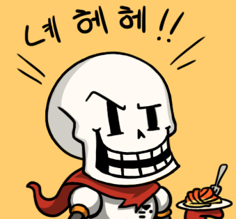 1boy armor chibi cocked_eyebrow food fork gloves grin gyate_gyate korean laughing lowres male_focus papyrus_(undertale) pasta plate scarf simple_background skeleton smile solo spaghetti translation_request undertale upper_body yaruky yellow_background