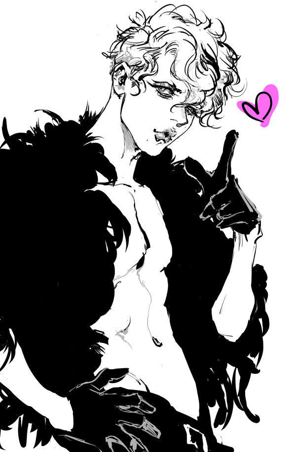 1boy androgynous as_(ashes) beauty_mark belt feather_boa gloves half_gloves hand_on_hip heart looking_at_viewer male_focus mole mole_under_mouth monochrome original pink puckered_lips shirtless simple_background solo spot_color tareme upper_body wavy_hair white_background