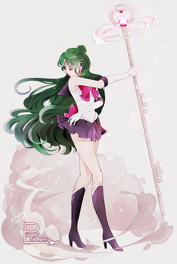 1girl 2016 bishoujo_senshi_sailor_moon black_boots black_skirt boots bow dated earrings elbow_gloves full_body gloves green_hair hair_bun happy_birthday jewelry knee_boots long_hair looking_away meiou_setsuna pleated_skirt pluto_symbol red_bow sailor_collar sailor_pluto signature skirt solo staff standing tiara time_staff white_gloves yukinami_(paru26i)