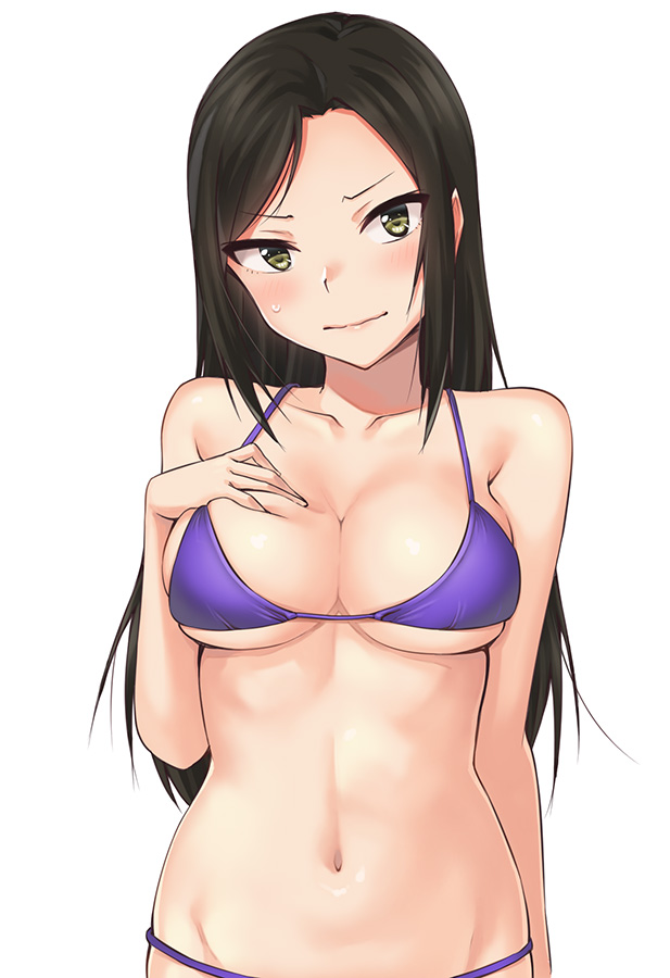 1girl bare_arms bare_shoulders bikini black_hair breasts cleavage collarbone cowboy_shot embarrassed green_eyes hand_on_breast hand_on_own_chest hashi head_tilt idolmaster idolmaster_cinderella_girls long_hair looking_at_viewer mukai_takumi navel purple_bikini simple_background solo standing stomach sweatdrop swimsuit very_long_hair wavy_mouth white_background