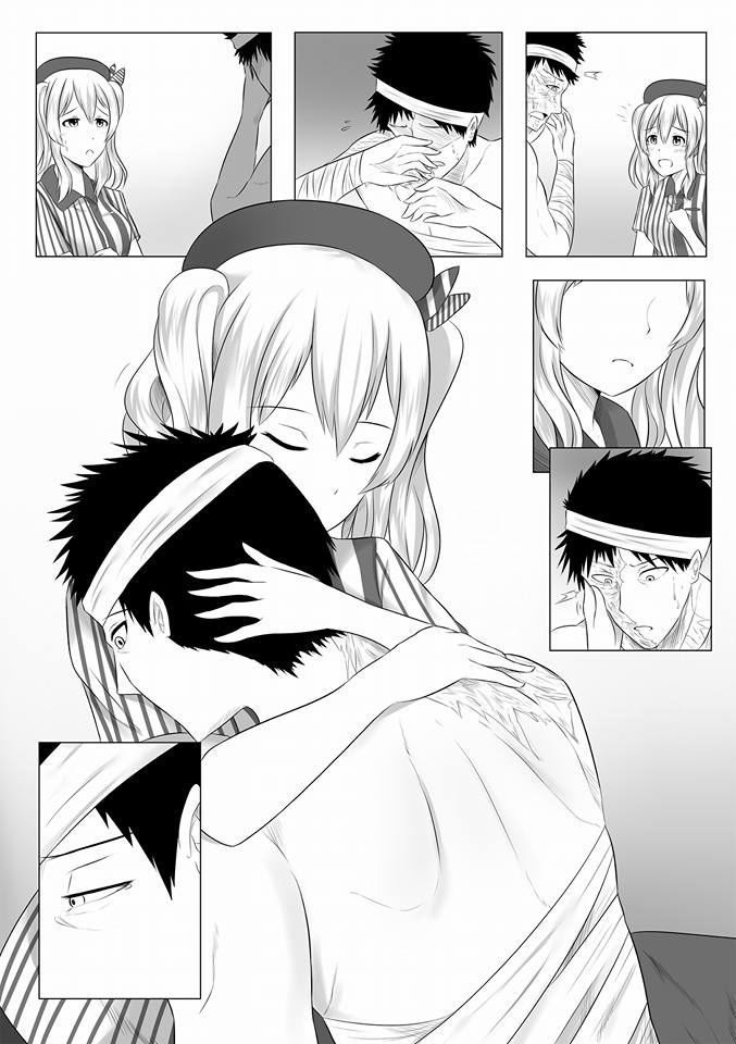 1boy 1girl bandage burn_scar comic covering_face gradient gradient_background greyscale hat hug kantai_collection kashima_(kantai_collection) monochrome scar silent_comic upper_body wangphing white_background