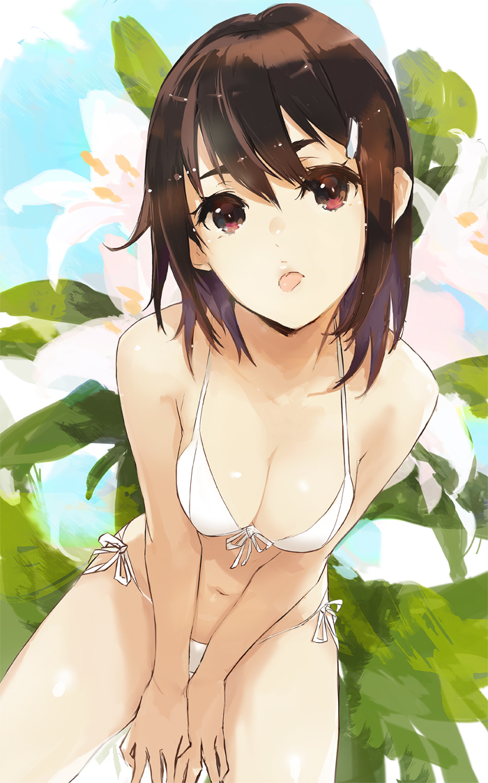 1girl :p bare_arms bare_shoulders between_legs bikini blush bobhit breasts brown_hair cleavage closed_mouth collarbone eyelashes floral_background from_above front-tie_bikini front-tie_top hair_ornament hairclip hand_between_legs head_tilt looking_at_viewer looking_up medium_breasts red_eyes ribbon short_hair side-tie_bikini sitting solo sweatdrop swimsuit tongue tongue_out v_arms white_ribbon