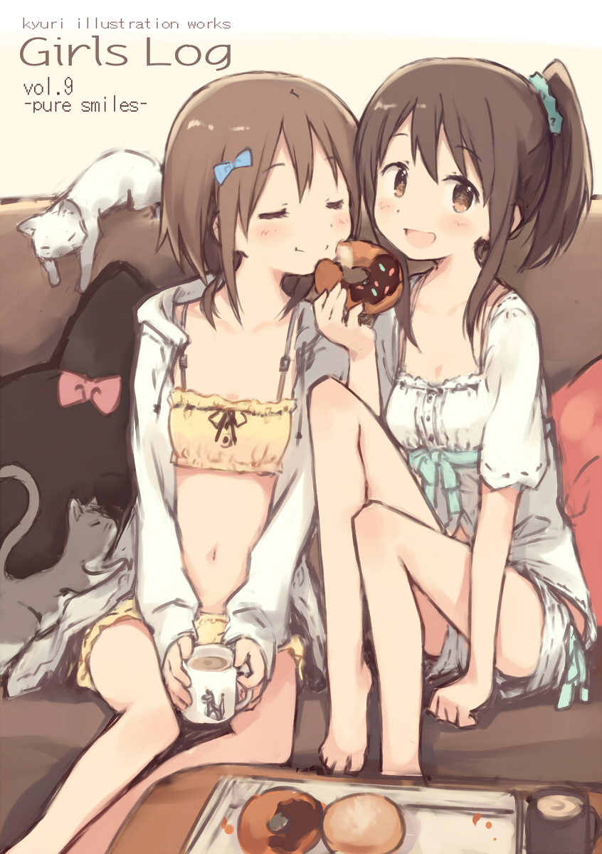 2girls :d artist_name barefoot blue_bow blush bow bra brown_eyes brown_hair cat closed_eyes closed_mouth cup doughnut english food hair_bow hair_ornament hair_scrunchie highres holding holding_food hood hoodie kyuri looking_at_viewer mug multiple_girls number open_clothes open_hoodie open_mouth original ponytail scrunchie shorts sleeves_past_wrists smile underwear yellow_bra yellow_shorts yuri