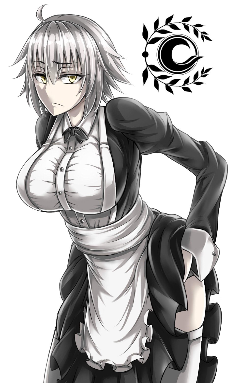 1girl ahoge alternate_costume apron black_bow black_bowtie black_dress bow bowtie breasts dress dress_lift dress_shirt enmaided fate/grand_order fate_(series) furrowed_eyebrows highres jeanne_alter jitome large_breasts leaning_forward lifted_by_self long_sleeves looking_at_viewer maid pale_skin ruler_(fate/apocrypha) ruler_(fate/grand_order) sanmotogoroo shirt short_hair silver_hair solo thigh-highs waist_apron white_background white_legwear white_shirt yellow_eyes