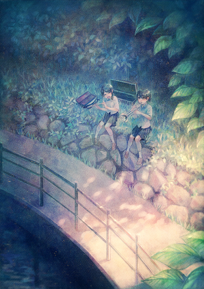 2girls black_hair brown_eyes closed_eyes dappled_sunlight flute from_above grass instrument instrument_case laughing light_particles looking_to_the_side multiple_girls music muted_color namihaya original path plant playing_instrument pleated_skirt ponytail railing road scenery school_uniform short_hair sitting skirt sunlight trumpet water
