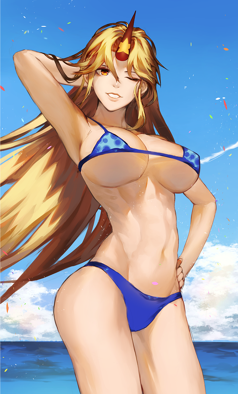 1girl ;d alternate_costume arm_behind_head arm_up armpits bikini blonde_hair blue_bikini breasts cowboy_shot groin hand_on_hip highres horn hoshiguma_yuugi kinketsu long_hair looking_at_viewer navel one_eye_closed open_mouth orange_eyes smile solo star swimsuit touhou