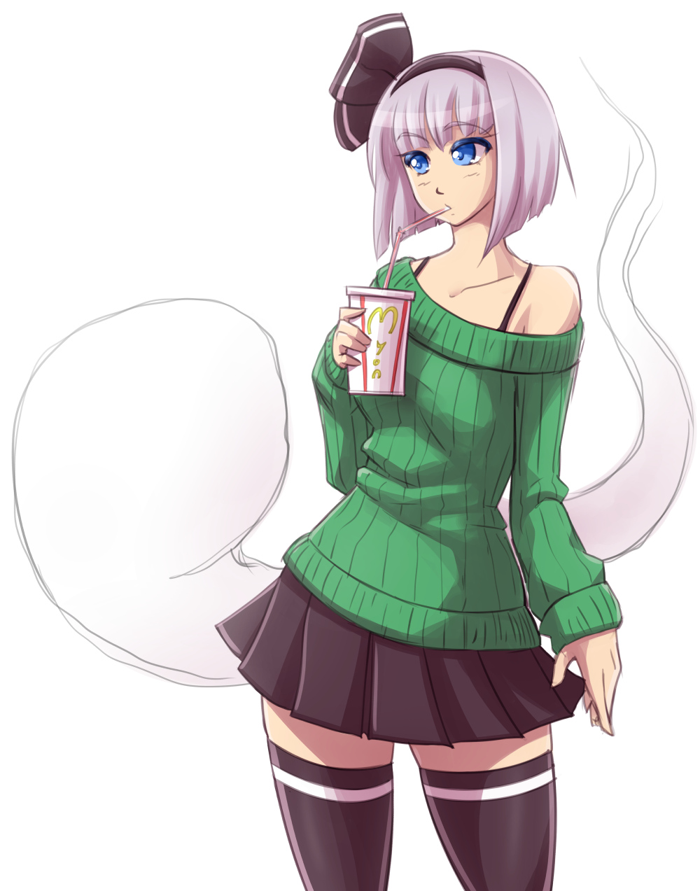 1girl alternate_costume black_legwear blue_eyes blush bob_cut breasts camisole colored_eyelashes contemporary cup drinking drinking_straw hair_ribbon hairband highres konpaku_youmu konpaku_youmu_(ghost) mazume mcdonald's medium_breasts miniskirt myon_(phrase) off-shoulder_sweater pleated_skirt ribbed_sweater ribbon short_hair silver_hair skirt solo spaghetti_strap sweater thigh-highs touhou zettai_ryouiki