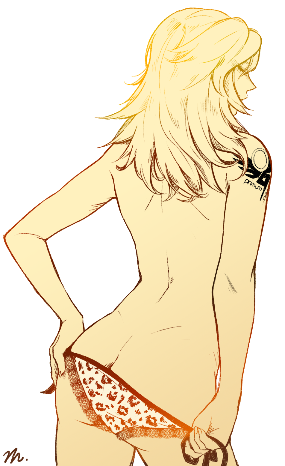 1girl alternate_hairstyle arm_tattoo ass back bare_shoulders butt_crack closed_eyes contrapposto cowboy_shot fingernails from_behind hair_down hand_on_hip highres lace lace-trimmed_panties long_hair mercy_(overwatch) nanghyang overwatch panties side-tie_panties signature simple_background solo tattoo underwear