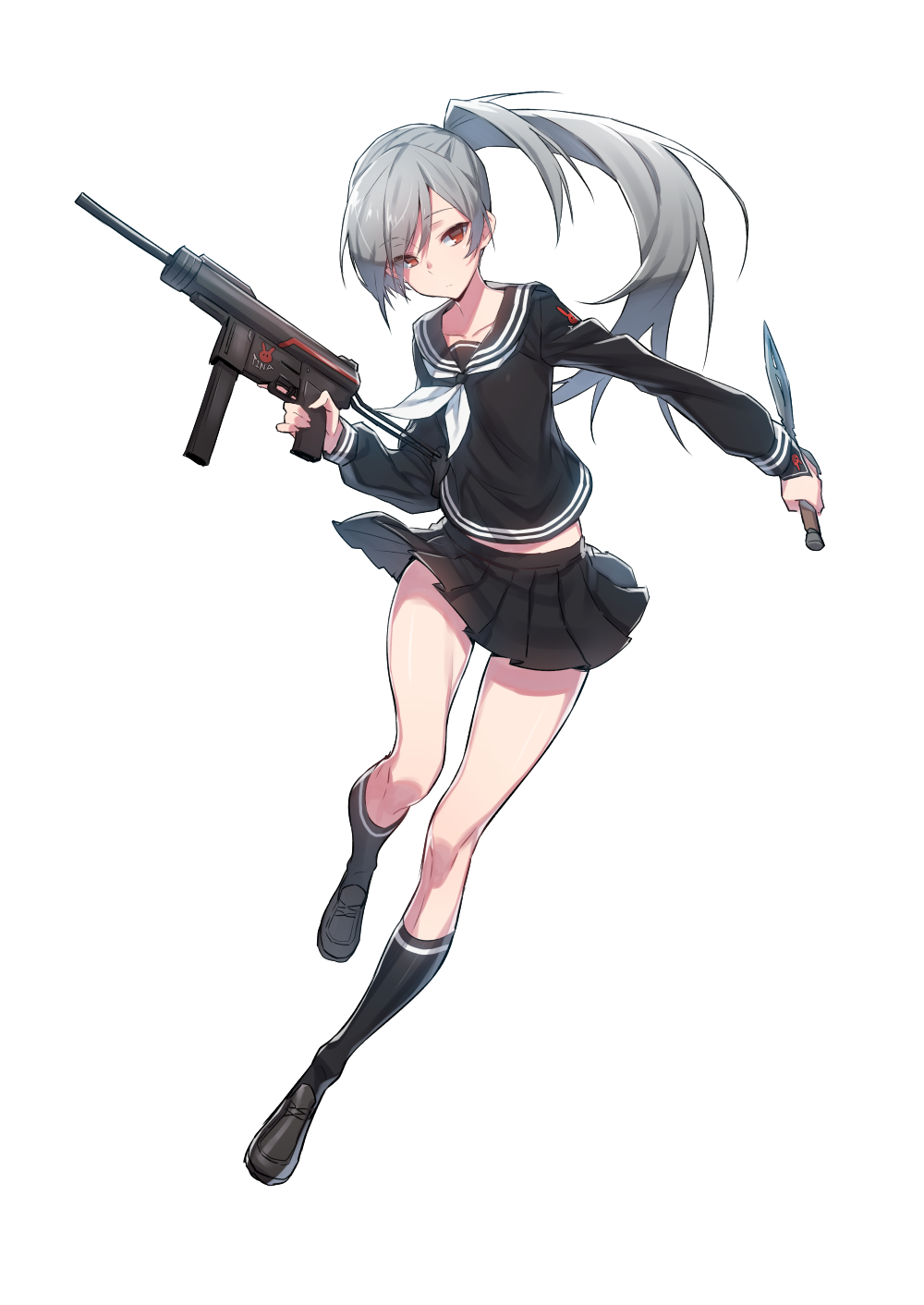 1girl bangs black_legwear black_serafuku black_shirt black_shoes black_skirt bunny_print closed_mouth closers collarbone dagger dual_wielding eyebrows eyebrows_visible_through_hair flat_chest floating_hair full_body gun hair_between_eyes highres holding holding_gun holding_weapon kneehighs loafers long_hair long_sleeves looking_at_viewer looking_to_the_side miniskirt neckerchief outstretched_arm outstretched_hand pleated_skirt ponytail red_eyes school_uniform serafuku shirt shoes silver_hair simple_background skirt skirt_lift solo supernew swept_bangs tina_(closers) trigger_discipline weapon white_background