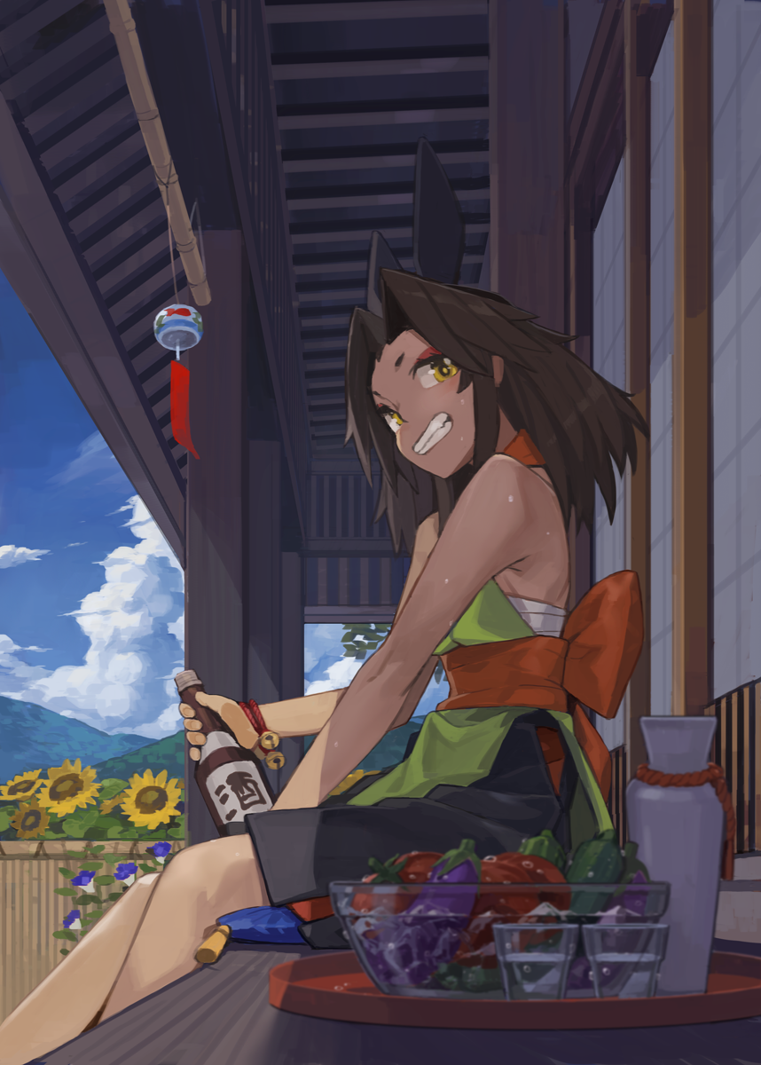 1girl animal_ears architecture bare_shoulders bell bottle bowl bracelet clouds dark_skin east_asian_architecture glass grin highres japanese_clothes jewelry jingle_bell looking_to_the_side mountain obi rooftop sarashi sash sitting sky smile solo teeth toro_(konirio) traditional_clothes tray yellow_eyes