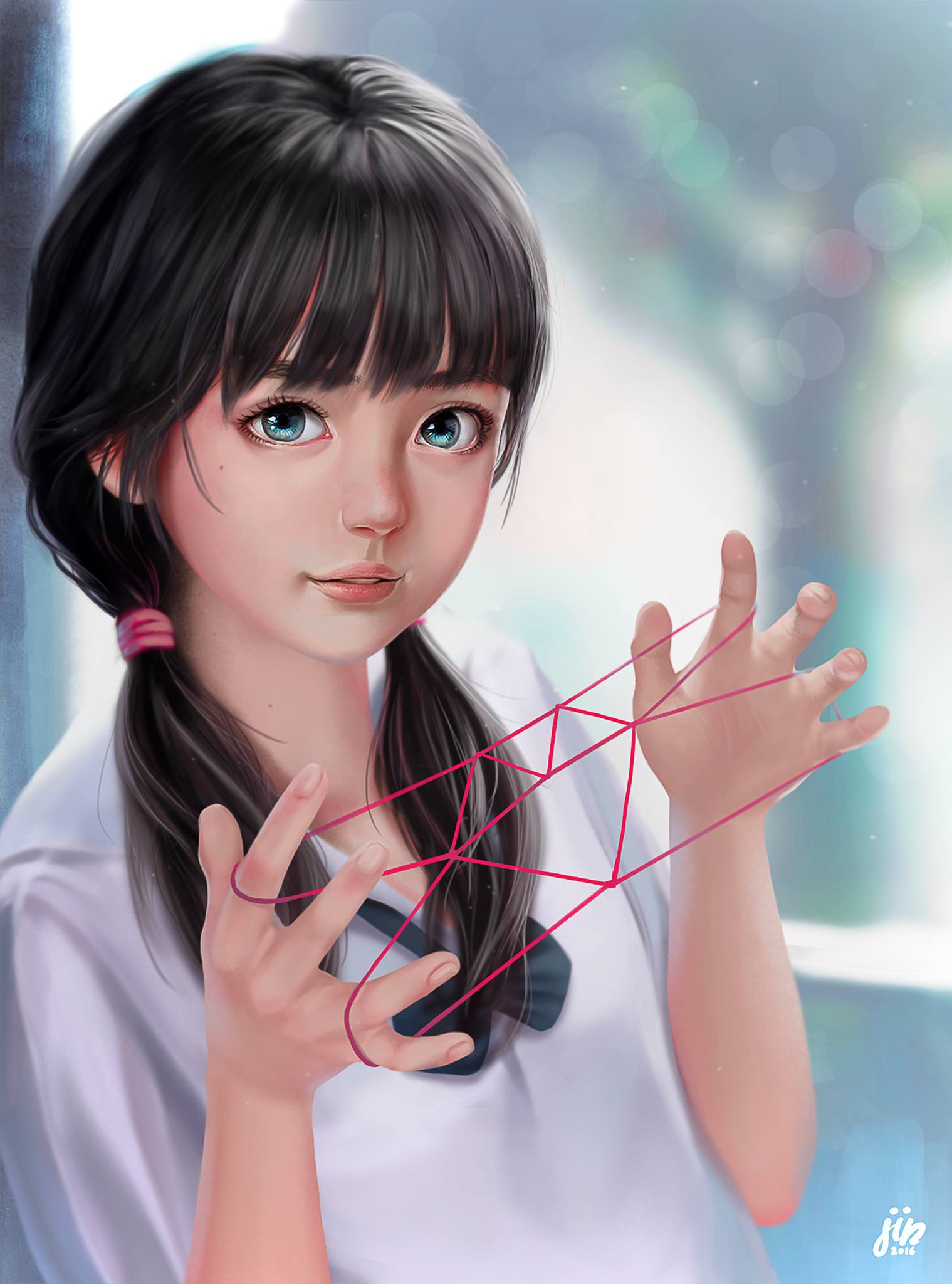 1girl 2016 arms_up artist_name bangs black_hair blue_eyes blurry blurry_background bokeh day depth_of_field fingernails hair_tie highres jin jintawat_puttanawiboon lens_flare light_smile looking_at_viewer low_twintails nose original parted_bangs red_string shirt short_sleeves solo standing string twintails upper_body watermark white_shirt