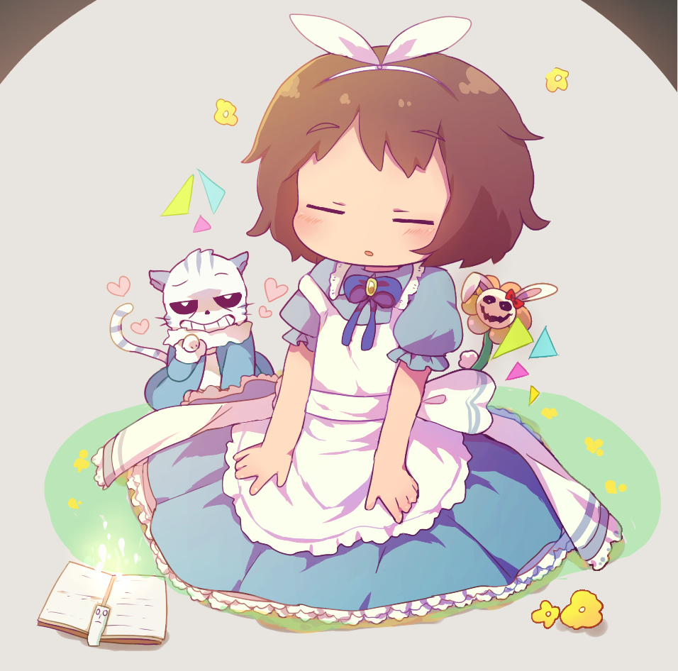 1other 2boys :o animal animal_ears apron blue_dress blush book brown_hair bunny bunny_ears bunny_tail cat cat_ears cat_tail child closed_eyes creepy_eyes creepy_face creepy_smile dress eyebrows flower flowey_(undertale) frisk_(undertale) grass hair_bow hair_ornament hairband hands_on_own_knees hands_on_own_legs hands_on_own_thighs heart jacket long_dress maid maid_dress maid_headdress maid_uniform multiple_boys open_mouth paws plant puffy_short_sleeves puffy_sleeves raised_eyebrows raised_hand renoa_yu ribbon sans shape shapes short_hair simple_background sitting standing triangle undertale uniform waist_apron waist_ribbon young