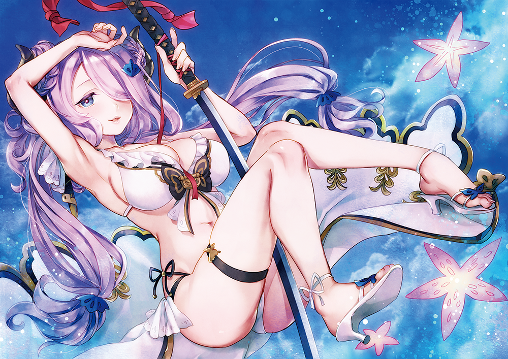 1girl arm_up armpits between_breasts between_legs bikini blue_background blue_eyes braid breasts butterfly_ornament clouds doraf double_bun floating floating_hair frills full_body granblue_fantasy hair_ornament hair_over_one_eye high_heels holding holding_sword holding_weapon horns katana large_breasts lavender_hair light_particles long_hair looking_at_viewer midair namanie narumeia_(granblue_fantasy) navel one_eye_covered parted_lips pointy_ears purple_hair red_ribbon ribbon shoes side-tie_bikini smile solo stomach swimsuit sword thigh_strap twin_braids unsheathed weapon white_bikini white_shoes