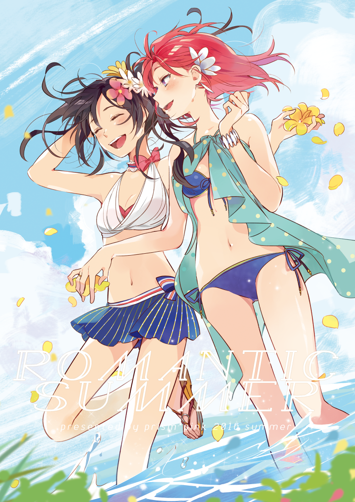 2016 2girls :d ^_^ arm_up bikini bikini_skirt black_hair blue_bikini blue_sky breasts choker cleavage closed_eyes cover cover_page day doujin_cover english floating_hair flower front-tie_bikini front-tie_top hair_flower hair_ornament halter_top halterneck happy holding holding_flower karuha love_live! love_live!_school_idol_project multiple_girls navel nishikino_maki open_eyes open_mouth petals polka_dot redhead ribbon short_hair side-by-side side-tie_bikini sky small_breasts smile splashing standing summer swimsuit text violet_eyes wading water yazawa_nico yellow_flower