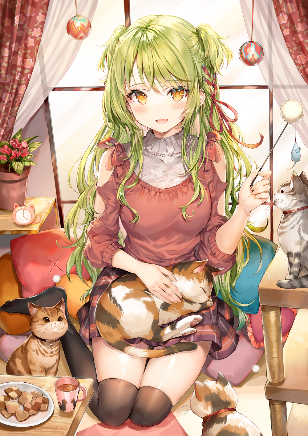 1girl :d animal animal_on_lap black_legwear blush breasts brown_eyes brown_shirt cat checkerboard_cookie clock commentary_request cookie cup curtains flower food frilled_pillow frills green_hair heart highres holding indoors long_hair long_sleeves medium_breasts momoko_(momopoco) mug no_shoes open_mouth original pillow plaid plaid_skirt plant potted_plant red_flower shirt shoulder_cutout sitting skirt smile solo thigh-highs two_side_up very_long_hair window yokozuwari