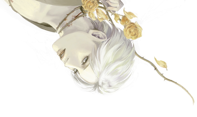 1boy as_(ashes) blonde_hair blood blue_eyes collarbone flower johan_liebert looking_at_viewer male_focus monster_(manga) open_mouth rose simple_background solo thorns white_background yellow_rose