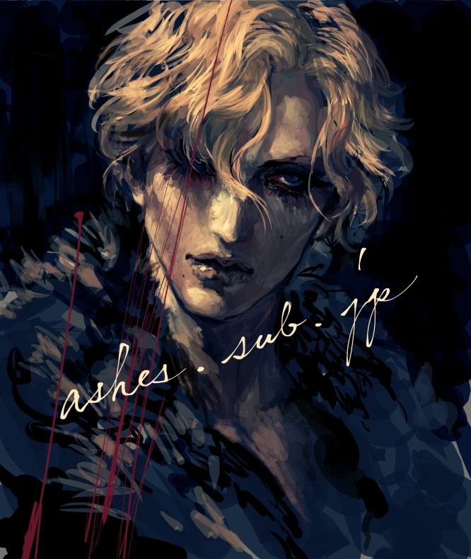 1boy androgynous as_(ashes) blonde_hair blue_eyes closed_mouth eyelashes feather_boa hair_over_one_eye male_focus original solo web_address