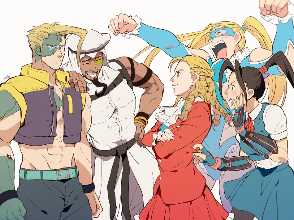 2boys 3girls abs antenna_hair arm_guards beard blonde_hair charlie_nash dark_skin dark_skinned_male domino_mask facial_hair glasses ibuki_(street_fighter) kanzuki_karin mask multiple_boys multiple_girls ponytail rainbow_mika rashid_(street_fighter) school_uniform scouter street_fighter street_fighter_v t_k_g turban twintails vest