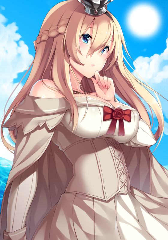 1girl aqua_eyes arm_at_side blonde_hair braid breasts cape chin_rest clouds cloudy_sky colored_eyelashes corset crown dress flower french_braid hair_between_eyes kantai_collection large_breasts lips long_hair long_sleeves looking_at_viewer mini_crown off_shoulder red_ribbon red_rose ribbon rose sky sun upper_body warspite_(kantai_collection) white_dress xayux