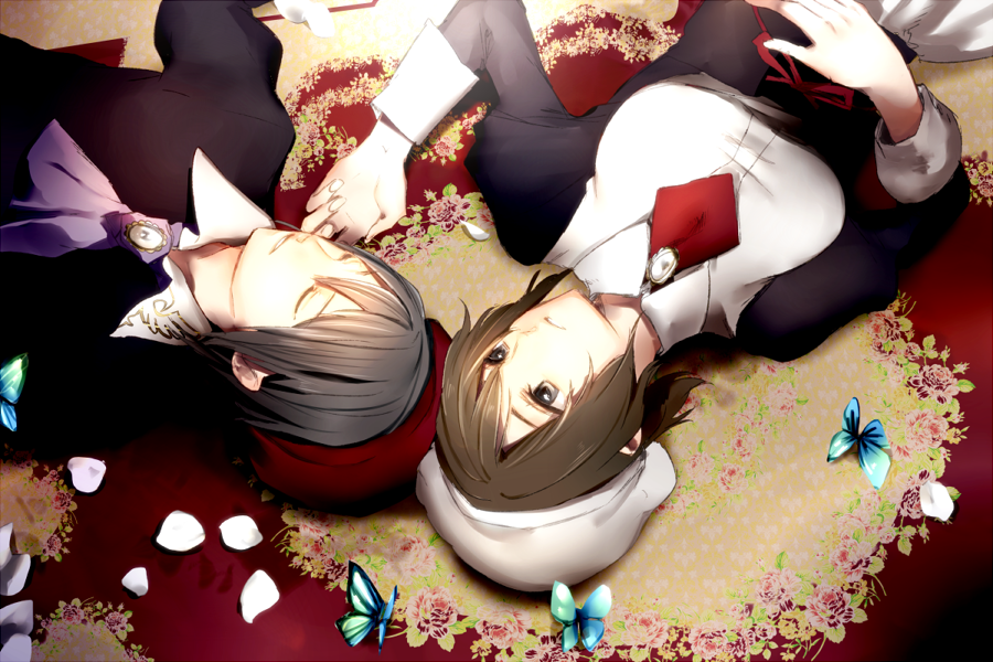 1boy 1girl ascot black_hair brown_hair butterfly closed_eyes from_above grey_eyes hat hat_removed headwear_removed juliet_sleeves kanon_(umineko) long_sleeves lying on_back parted_lips petals puffy_sleeves shannon sofy umineko_no_naku_koro_ni