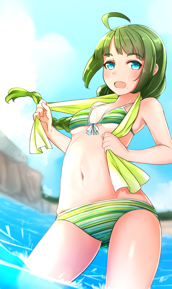 1girl ahoge alternate_breast_size bare_shoulders bikini blue_eyes blue_sky blush braid breasts clouds comah green_hair kantai_collection long_hair looking_at_viewer mole mole_under_mouth navel open_mouth single_braid sky small_breasts smile solo striped striped_bikini swimsuit towel towel_around_neck very_long_hair water yuugumo_(kantai_collection)