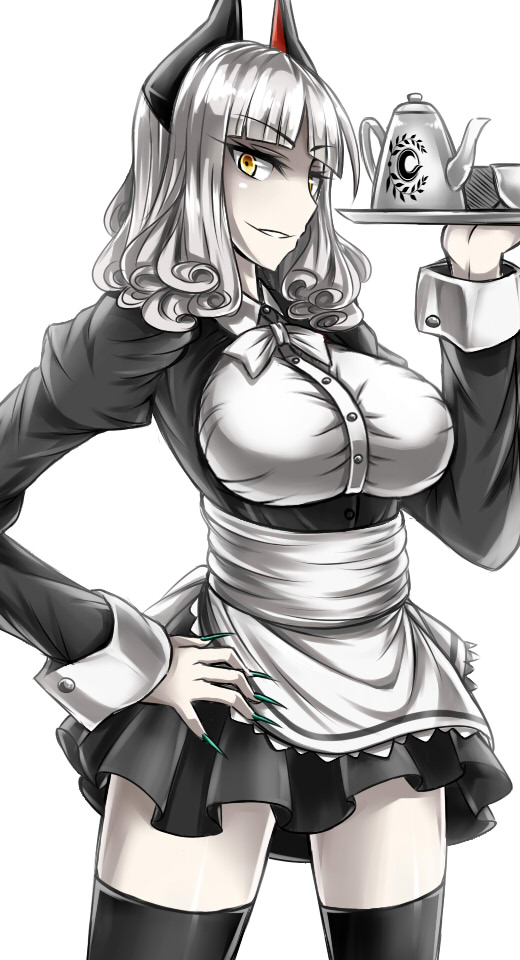 &gt;:) 1girl alternate_costume apron bangs black_dress black_eyes blunt_bangs bow bowtie breasts carmilla_(fate/grand_order) cowboy_shot cup dress enmaided eyebrows eyebrows_visible_through_hair fate/grand_order fate_(series) fingernails framed_breasts green_nails hand_on_hip holding_tray horns juliet_sleeves large_breasts long_fingernails long_hair long_sleeves looking_at_viewer maid nail_polish parted_lips puffy_sleeves sanmotogoroo sharp_fingernails short_dress silver_hair smile solo tea_set teacup teapot thigh-highs waist_apron white_bow white_bowtie yellow_eyes