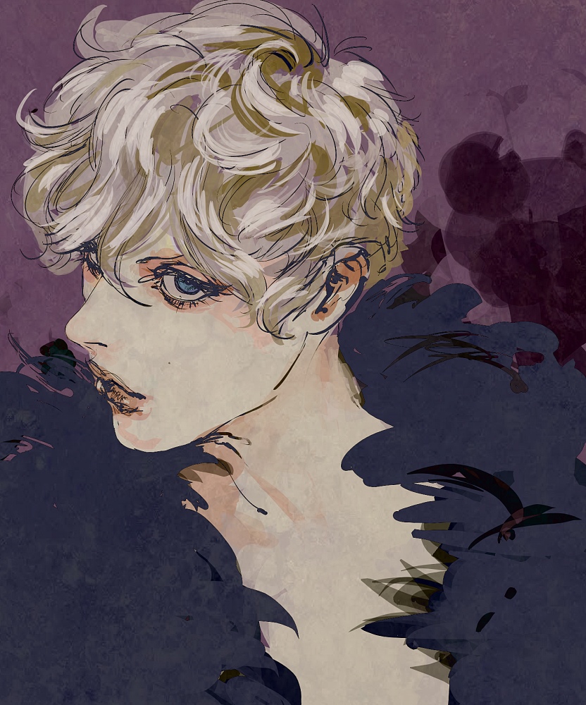 1boy androgynous as_(ashes) blonde_hair blue_eyes eyelashes feather_boa male_focus original solo tareme