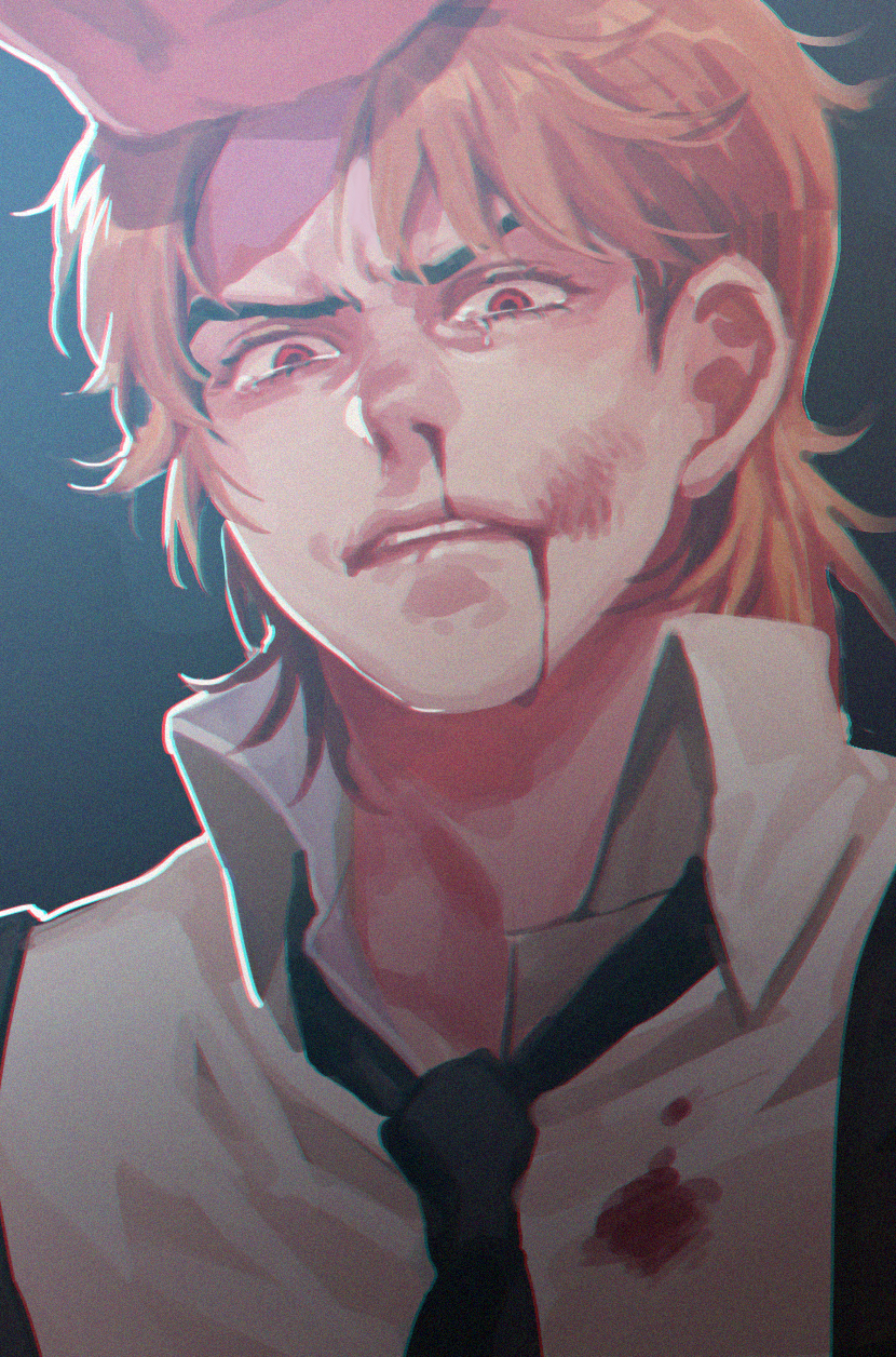 1boy blonde_hair blood blood_from_mouth blood_stain bruise chromatic_aberration dio_brando frown hand_on_another's_head highres injury jojo_no_kimyou_na_bouken light male_focus necktie nosebleed red_eyes rin2010 solo_focus suspenders tears upper_body