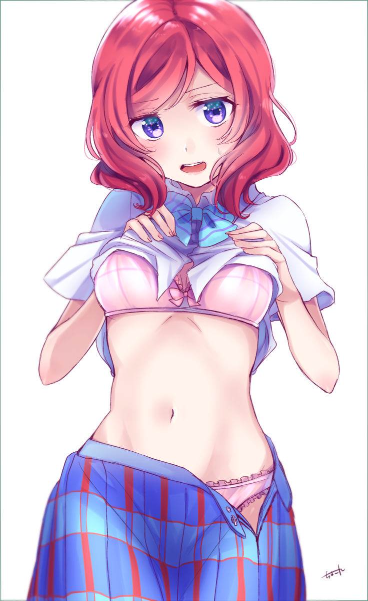 1girl blush bra breasts chocore embarrassed frilled_panties frills highres looking_at_viewer love_live! love_live!_school_idol_project midriff navel nishikino_maki open_mouth panties pink_bra pink_panties plaid plaid_skirt redhead school_uniform shirt_lift short_hair simple_background skirt solo sweatdrop underwear undressing violet_eyes white_background