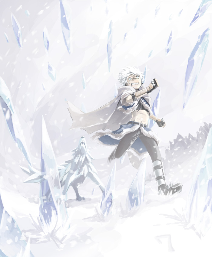 1boy abs armored_boots bangs black_gloves black_shirt blue_cape blue_jacket boots brown_pants cape clenched_teeth commentary_request crop_top fingerless_gloves full_body fur-trimmed_cape fur-trimmed_jacket fur_trim gloves hatii_(ragnarok_online) ice icicle jacket natsuya_(kuttuki) open_clothes open_jacket pants ragnarok_online running shirt short_hair short_sleeves snow snowing stalker_(ragnarok_online) teeth vambraces waist_cape white_hair