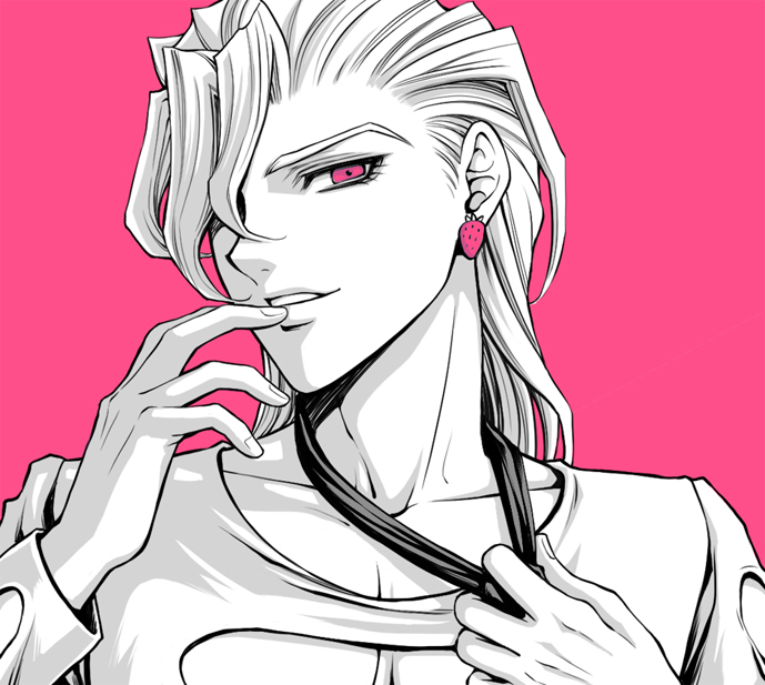 1boy baitu collarbone earrings hair_over_one_eye jewelry jojo_no_kimyou_na_bouken loose_necktie male_focus monochrome naughty_face neck necktie pannacotta_fugo pink_background pink_eyes profile simple_background smile solo spot_color upper_body