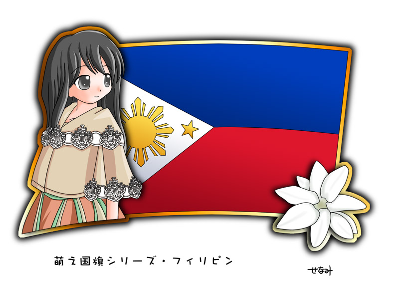 1girl black_hair flag flower long_hair murakami_senami philippine_flag philippines