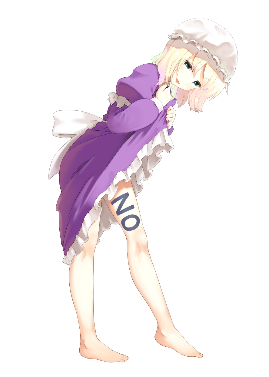 1girl bare_legs barefoot blonde_hair blush body_writing dress dress_lift frills green_eyes hat highres hota long_sleeves looking_at_viewer maribel_hearn mob_cap no open_mouth puffy_sleeves purple_dress seductive_smile short_hair smile solo touhou white_background